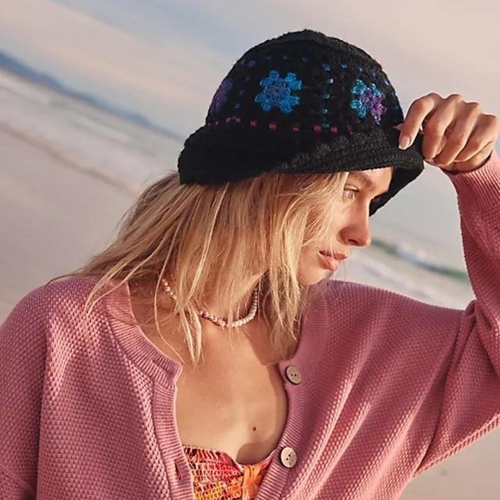 Anna Sui X Free People Black and Blue Crochet Bucket Hat